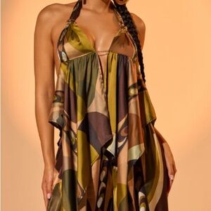 Olive & Brown Halter Jumpsuit - Flowing Print